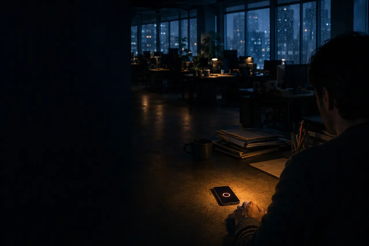 A quiet office at dusk where a nearby phone creates a small pool of warm light beside a worker
